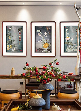 餐厅装饰画现代简约新中式简美饭厅玉雕三连挂画客厅沙发背景墙画