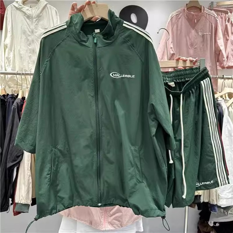 特大码300斤美式拉链设计感撞色套装男女夏季宽松薄款工装两件套2