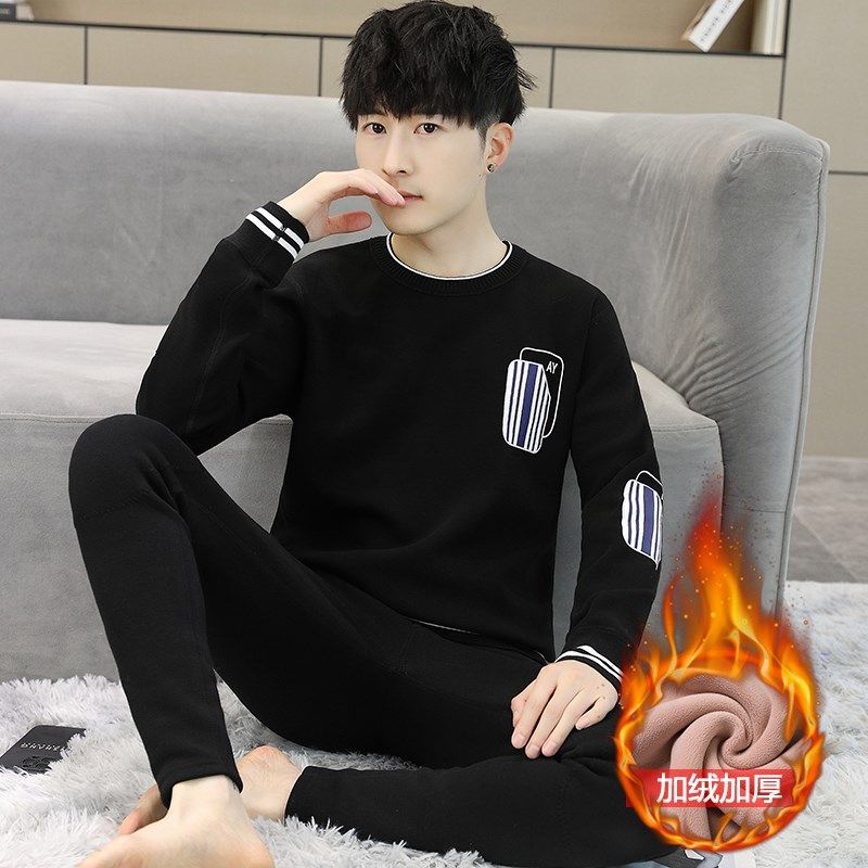 冬季新款加绒加厚保暖内衣男套装青少年学生大童潮流帅气秋衣秋裤