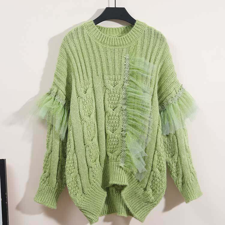 牛油果绿毛衣女宽j松外穿套头慵懒风宽松蕾丝边长袖圆领毛线衣秋