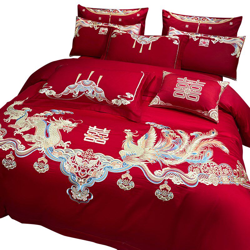 婚庆四件套大红刺绣龙凤结婚礼新婚房喜被绣花六八十件套床上用品