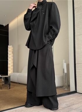 暗黑山本耀司风个性不对称衬衫男套装立体裁剪阔腿裙裤两件套潮流