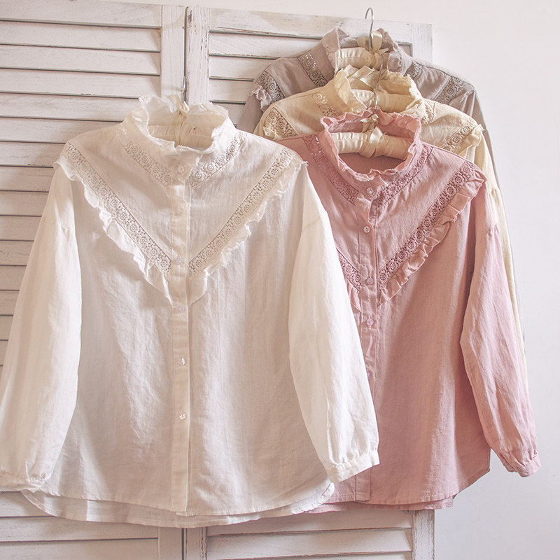 韩国秋装新款苎麻长袖衬衫荷叶花边木耳衬衫蕾丝衫打底Z衫宫廷文