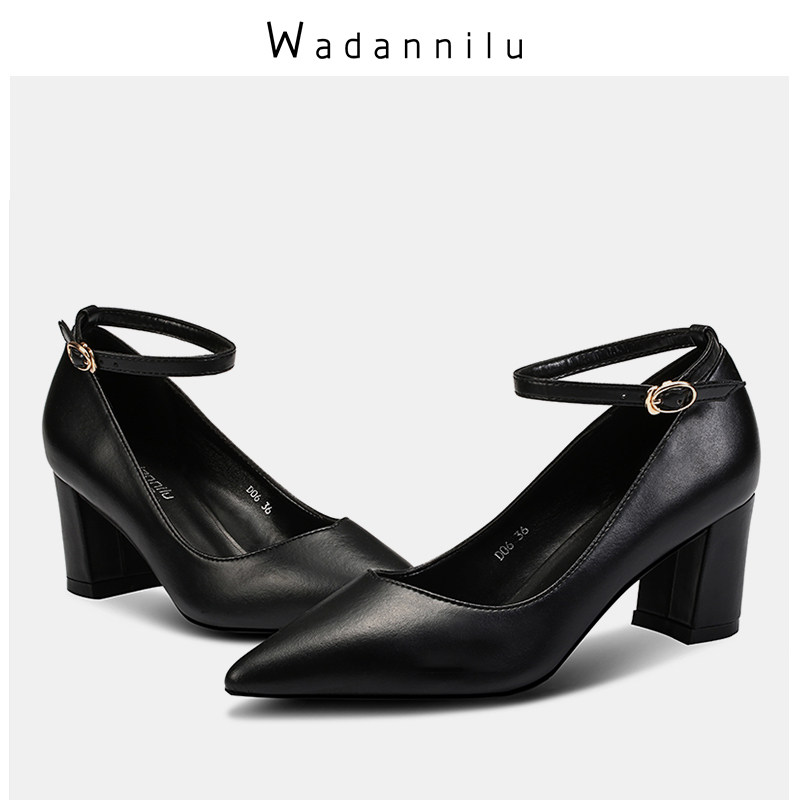 一字扣黑色高跟鞋女o粗跟职业百搭尖头中低跟软底防滑酒店工作单