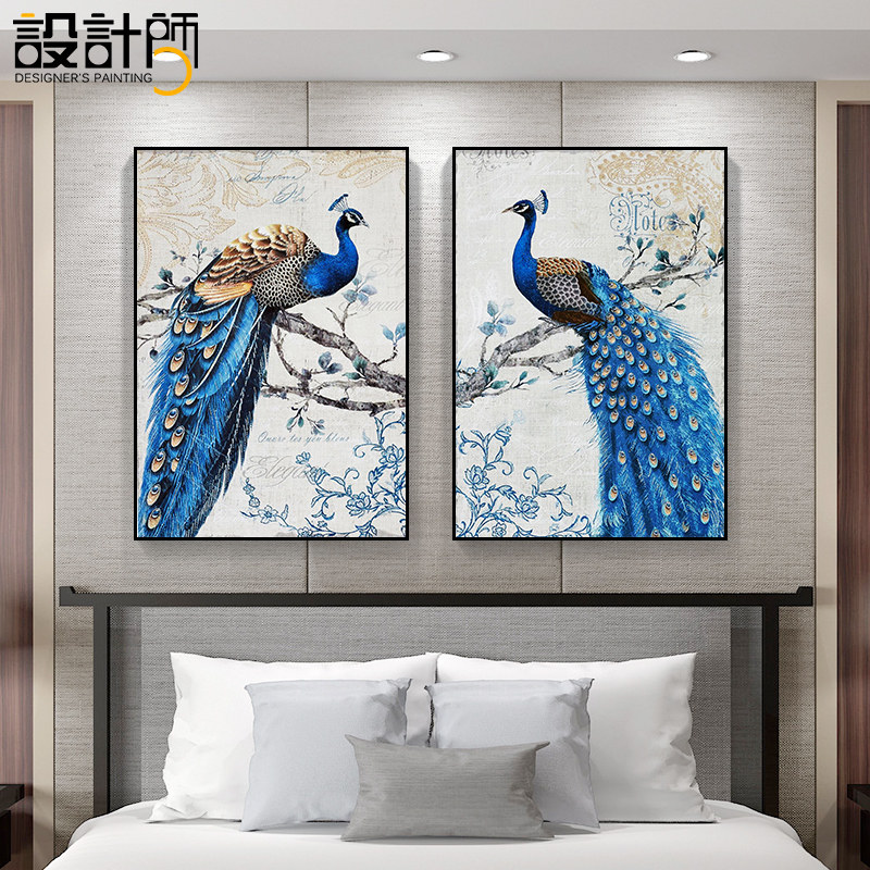 卧室装饰画主卧孔雀画床头挂画欧式房间墙画美式T客厅背景墙上壁