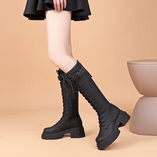 2025年新款秋冬季英伦风高筒马丁靴女小个子厚底增高Y不过膝长筒