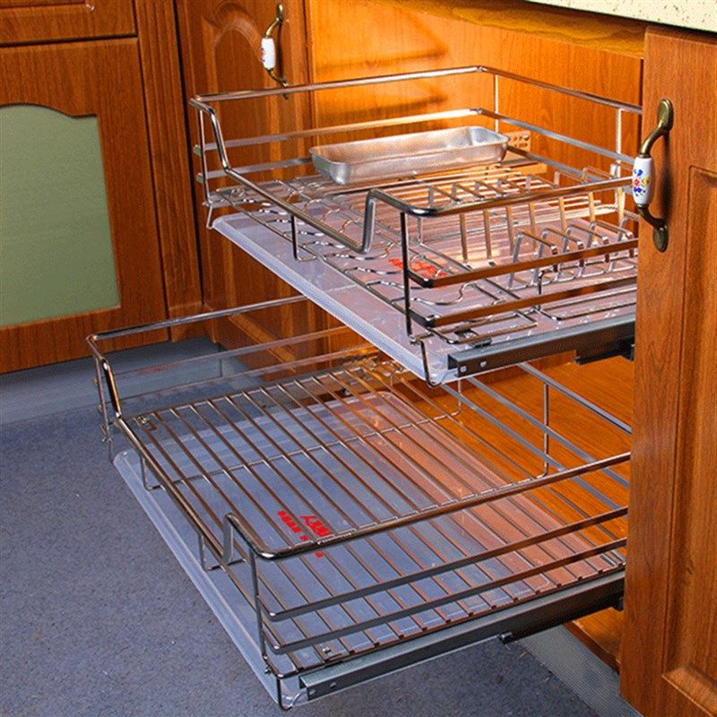 龙海森厨房橱柜小拉篮304不锈钢阻尼双层加厚扁钢碗碟拉蓝调味篮,家装主材,拉篮,淘宝优惠券,粉丝福利购,淘宝优惠卷