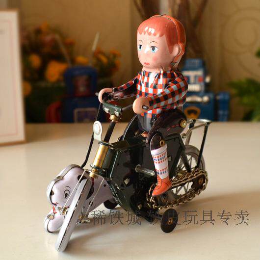 稀铁城-发条铁皮玩具o 儿童益智怀旧收藏礼品 自行三轮车遛狗 道