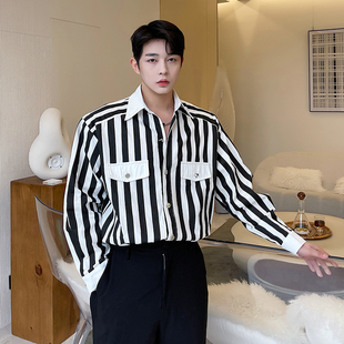 高级感网红博主黑白条纹衬衫男长袖韩版气质垂感休闲衬Z衣发型师