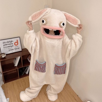 疯狂的兔子连体睡衣A新款秋冬季搞怪抽象连帽睡袍珊瑚绒加厚玩偶