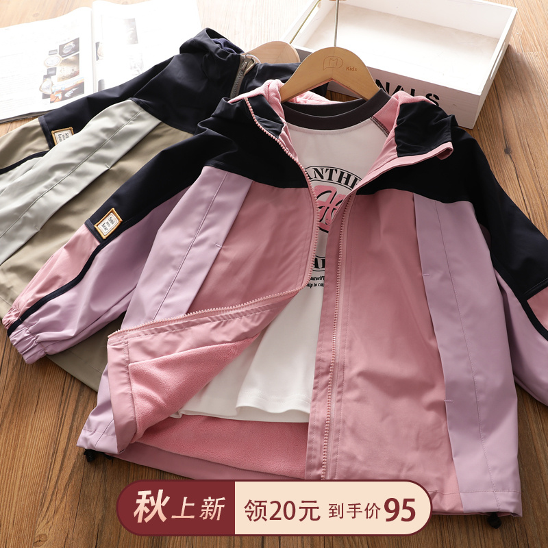 女童加绒风衣深秋冬新款中大儿童洋气贴标拼接连帽防风外套冲锋衣