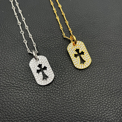 s925纯银克罗伈复古中号满钻镂空十字架军牌项链男女欧美个性吊坠