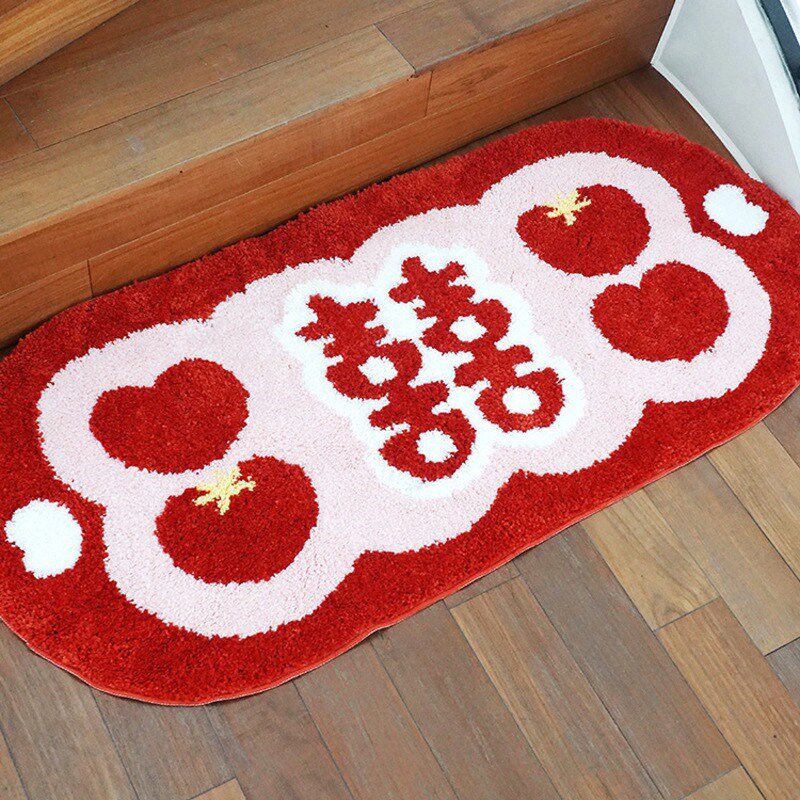 结婚红色床边毯高级植绒喜字卧室地毯长毛喜庆地垫婚房入户门脚垫