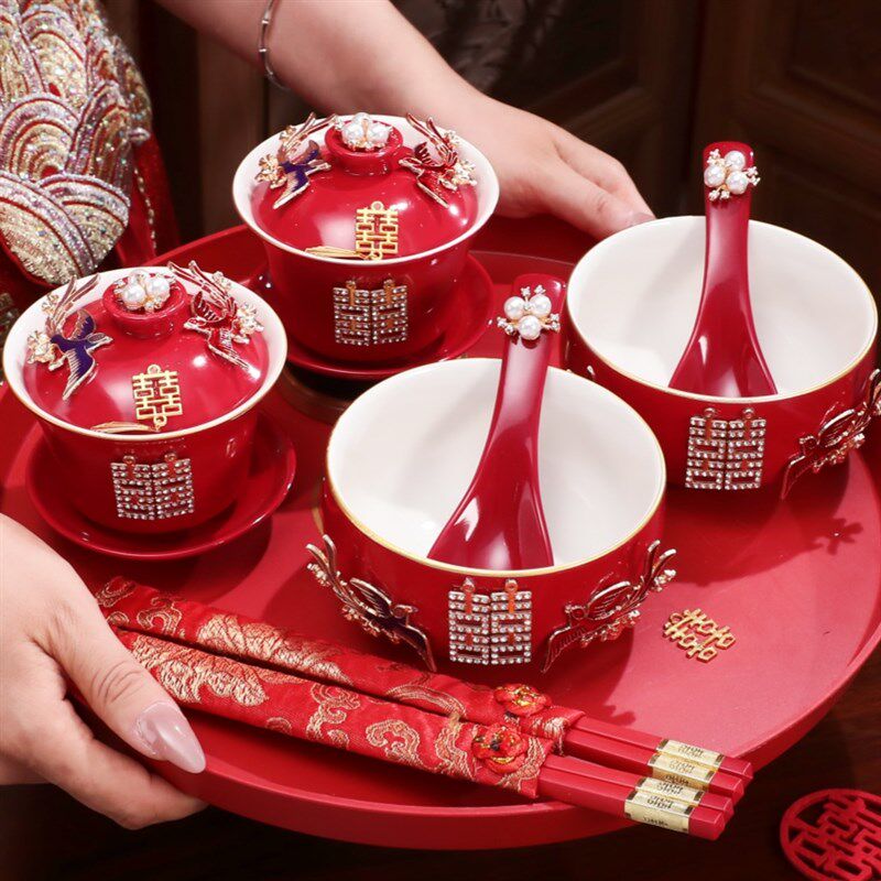 敬茶杯结婚一对碗筷套装新娘改口婚礼陪嫁杯子红色茶具喜碗红碗