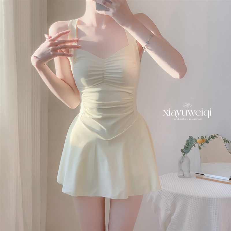 【夏语微琪】高级感珠光奶油色连体裙式遮肚显瘦保守温泉游泳衣女