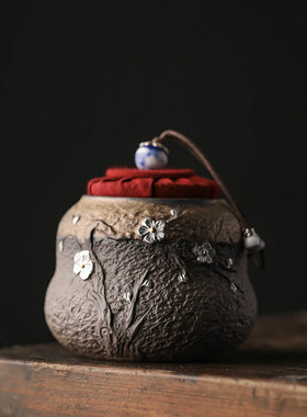 粗陶老岩泥茶叶j罐小号陶瓷手工描银密封罐家用存茶储罐子防潮茶