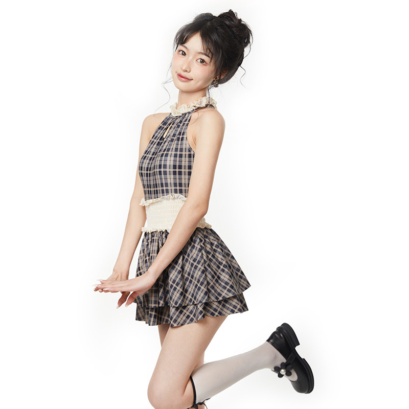 新款韩版infs风少女格子小胸保守连体裙式平角泳衣女夏显瘦泡温泉
