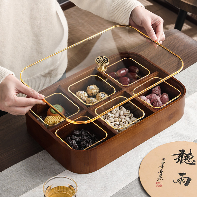 中式木质双层干果盘家用客厅坚果盘D新年干果收纳盒零食糖果盒果