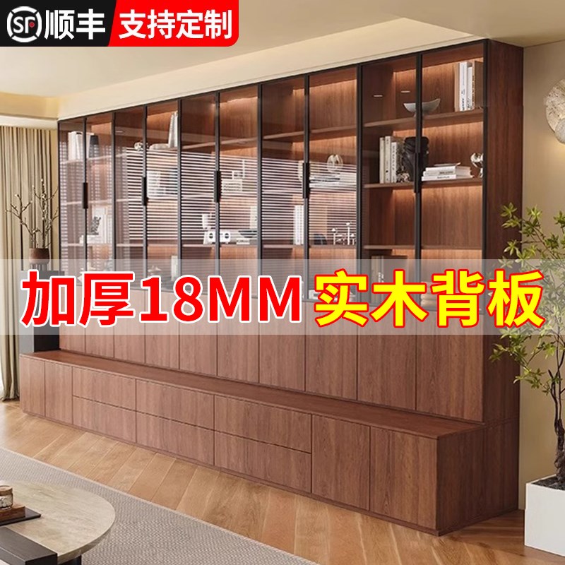 全实木卡座书柜带玻璃门一体整墙收纳柜定制客厅S展示柜抽屉收纳