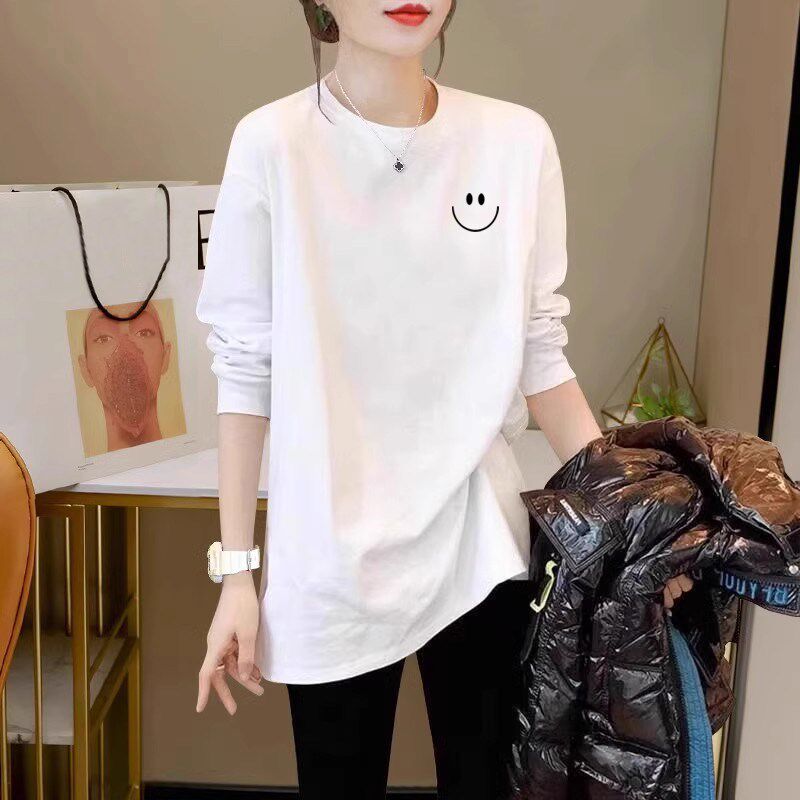 秋冬季中长款打底衫女宽松遮屁股下衣失踪长袖白色内搭t恤潮