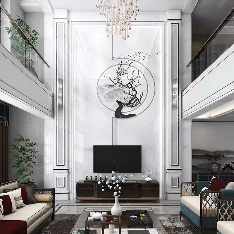 别墅电视背景墙岩板简约大理石纹壁画客厅中空复式楼瓷砖影视壁砖