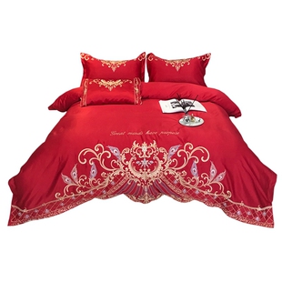 奢华欧式刺绣婚庆四件套被套全棉大红色结婚床单床上用品