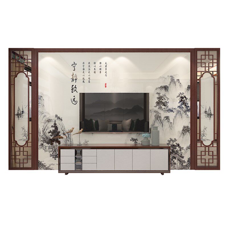 中式电视背景墙瓷砖沙比利实木花格边框背景墙石纹水墨画宁静致远