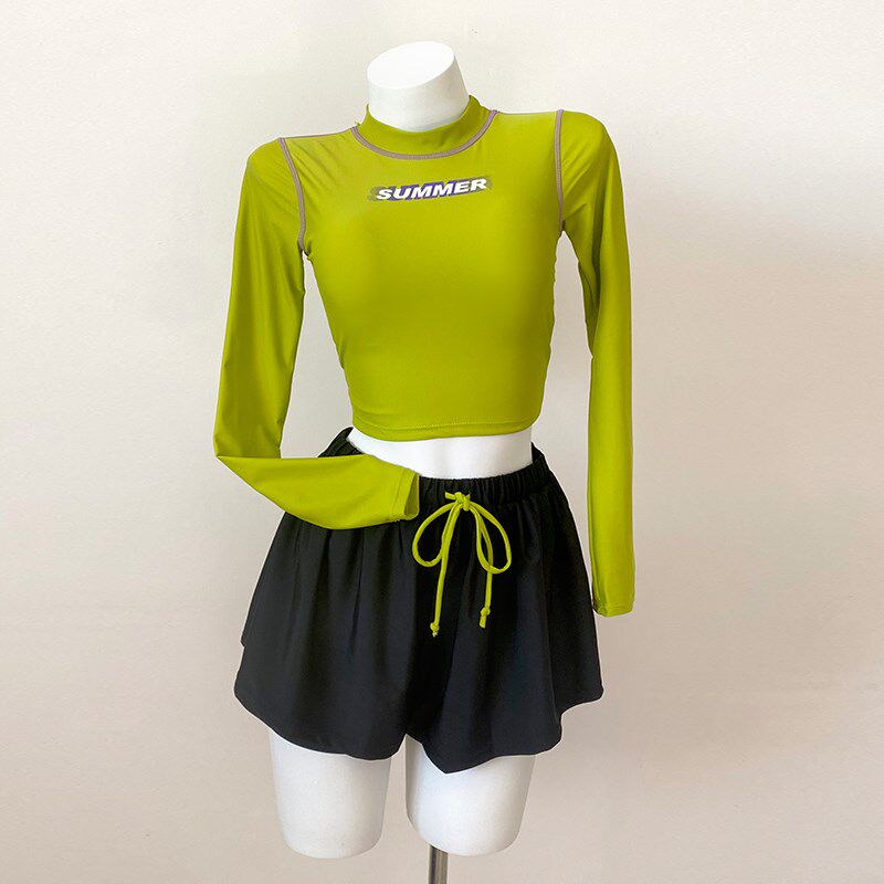 时尚运动风长袖泳衣女孩分体式三件套显瘦遮肉辣妹泡温泉保守泳装