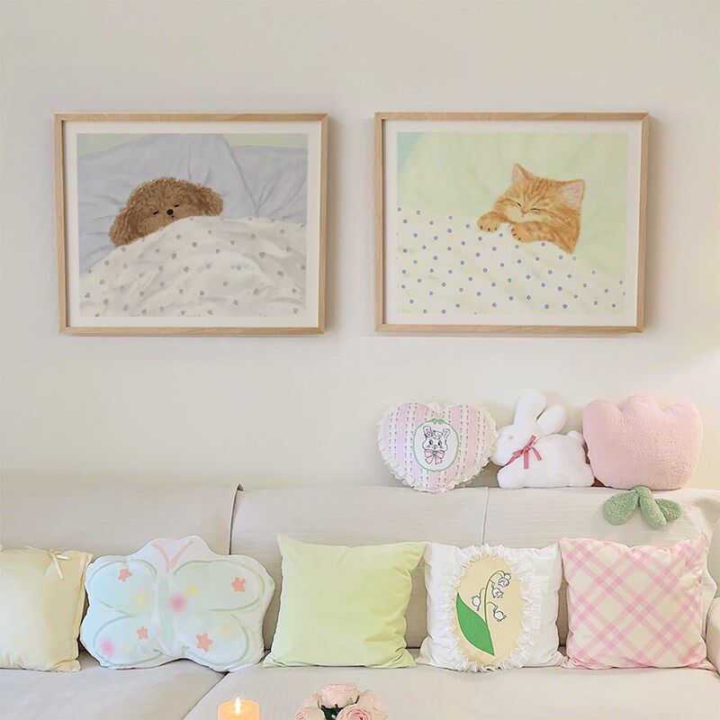 ins风卡通可爱猫狗挂画卧室儿童房温馨壁画电R表箱装饰画开关遮挡