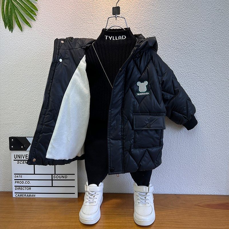 儿童羽绒棉服冬装2024新款洋气中长款免洗宝宝棉衣加厚男童皮棉袄