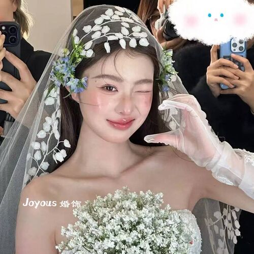 新款韩式新娘花瓣k树叶子蕾丝花边头纱长版照相馆森系拍照道具仙