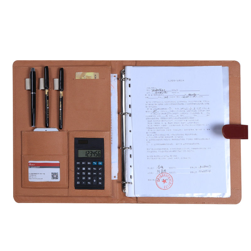A4多功能文件夹办公用品垫板商务带计算器皮质资料夹资料册活F页
