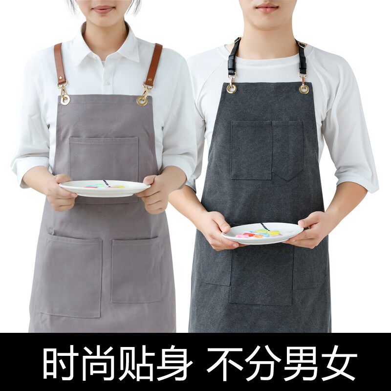 韩版加厚纯棉帆布围裙定制印logo餐厅酒吧花店服务员工作服
