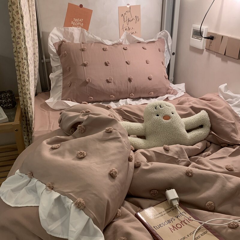 纯色少女心球球被套床上四件套x公主风床单床裙宿舍单人1.2m三件