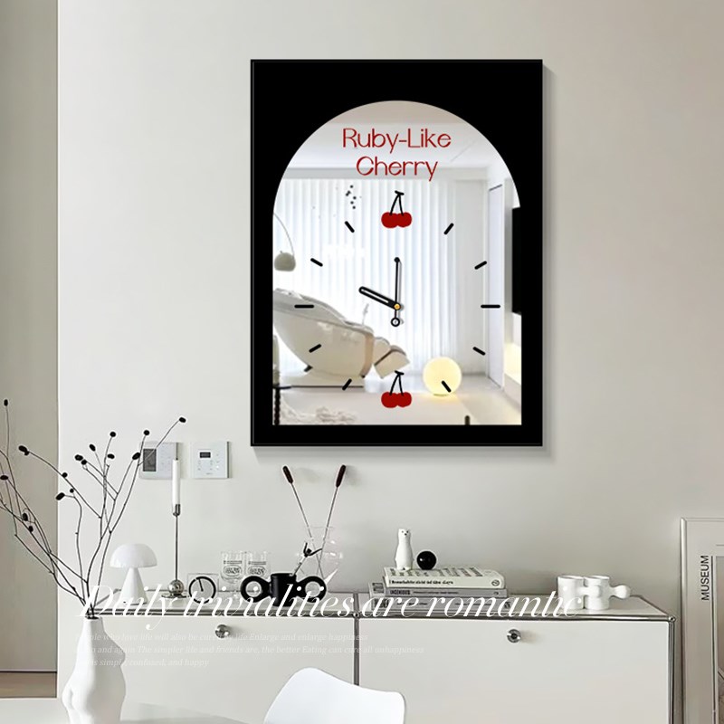 黑白高级桌面镜子装饰画小众艺术卧室床头钟表挂画玄关柜镜面摆画
