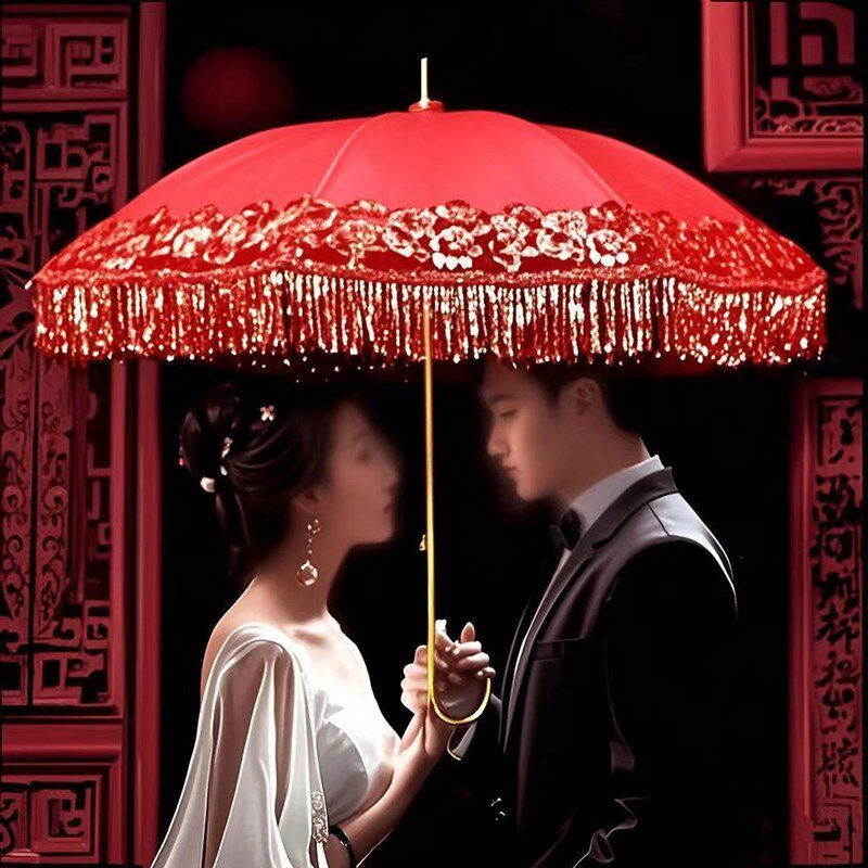 结婚伞新娘伞中式婚礼出嫁婚庆流苏刺绣双层O红色长柄雨伞喜庆红