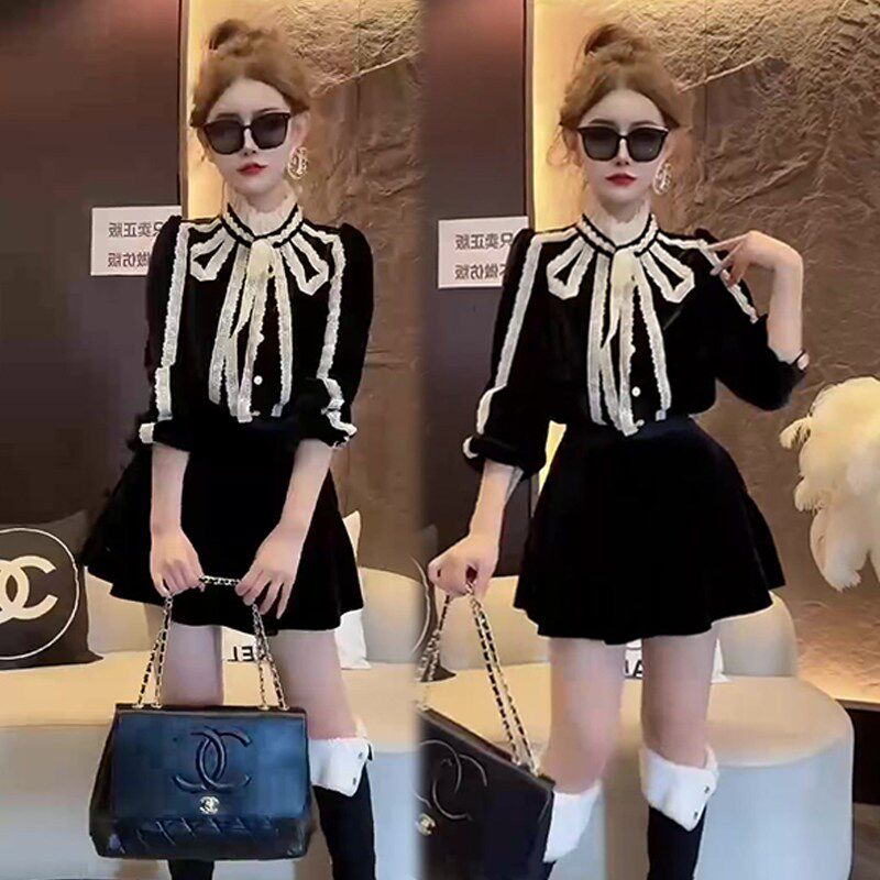网红爆款时尚洋气甜美蕾丝拼接丝绒衬衫女冬季新款显瘦高级感衬衣