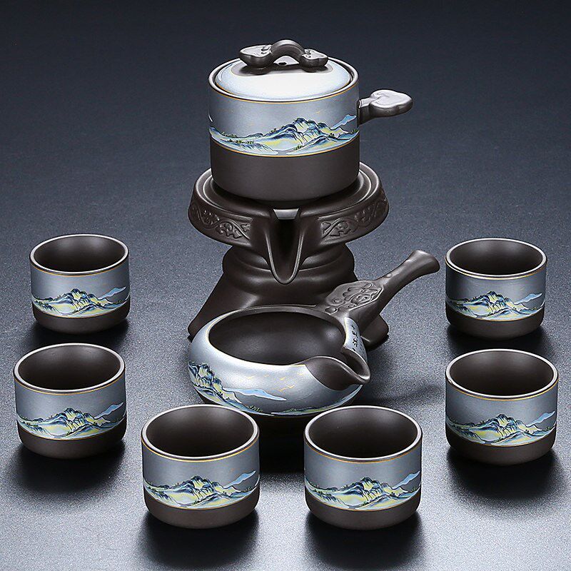紫砂石磨自动茶具千里江山功夫泡茶壶茶杯懒人冲泡V茶器一整套高