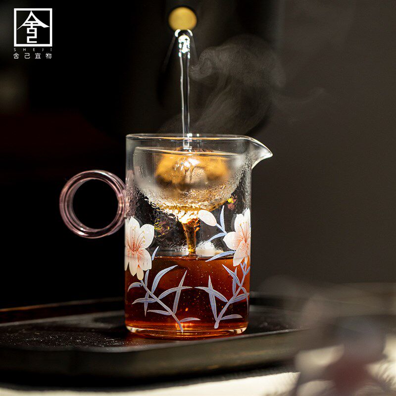 带球孔可拆卸过h滤茶壶百合花指环手工泡茶壶家用加厚玻璃茶具茶