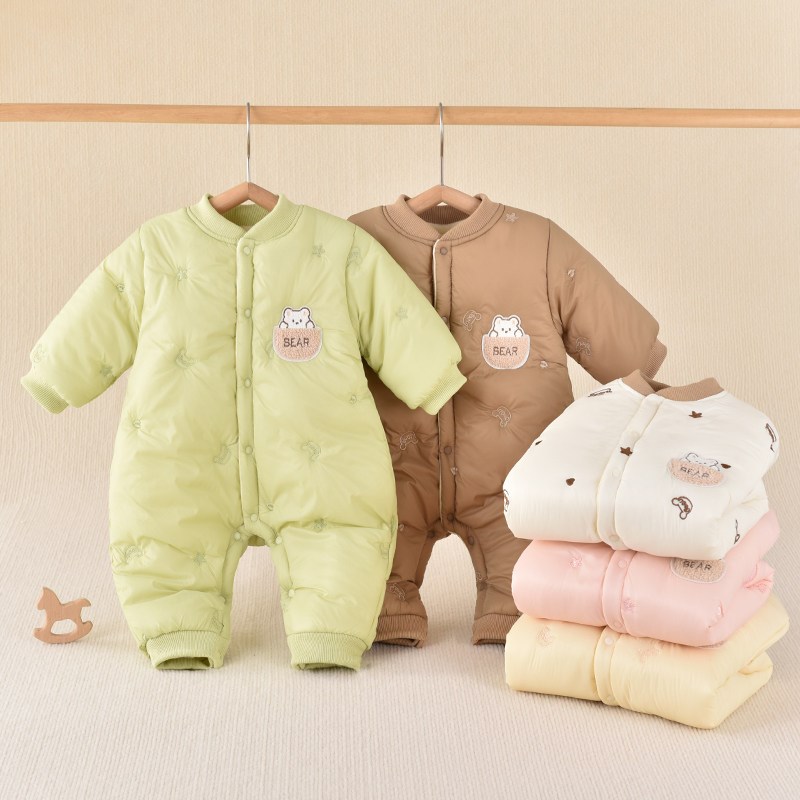 新款婴儿连体衣夹棉加厚棉衣w男女宝宝新生幼儿爬服萌娃外出服冬