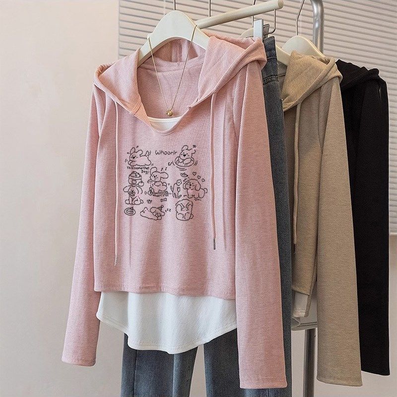 胖mm大码女装超好看打底衫女秋冬2024新款粉色宽松假两件长袖上衣