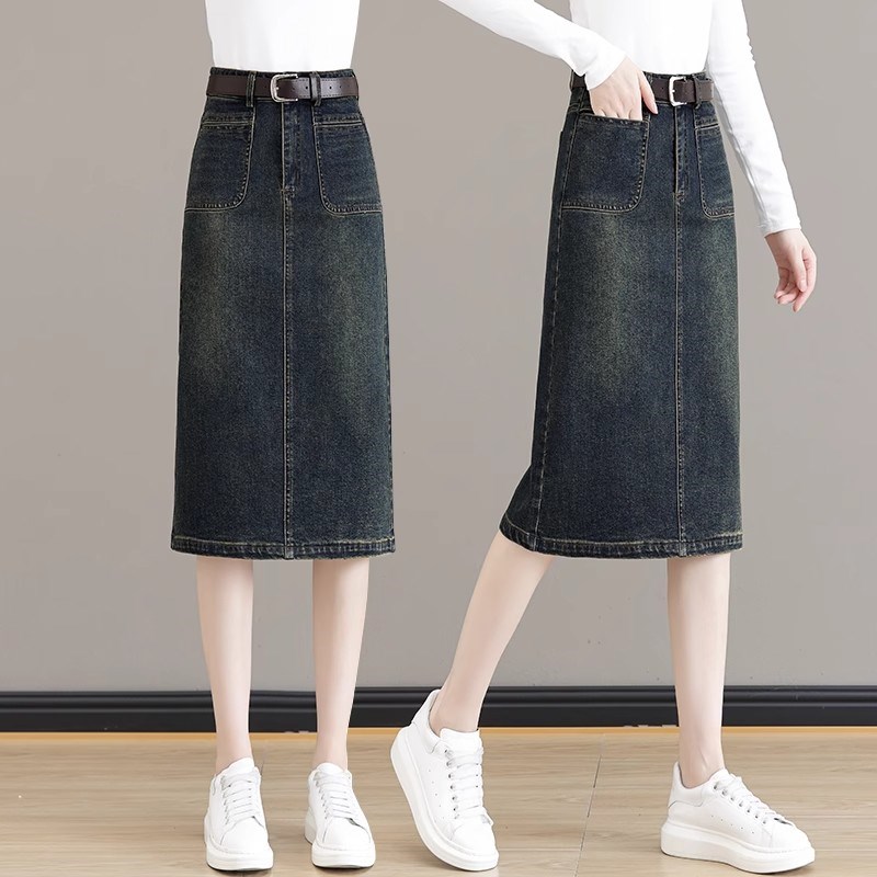 牛仔半身裙女2024年春秋季新款高腰遮跨中长款开叉小个子一步裙子