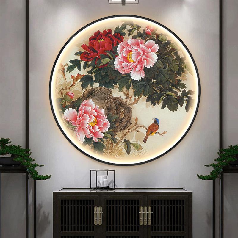 新中式牡丹圆形玄关装饰画花开富贵客厅卧室灯画书房走廊花鸟壁画图片