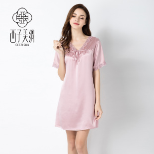 气质真丝睡衣连衣裙可外穿 新款 西子美绸100%桑蚕丝短袖 睡裙女秋季
