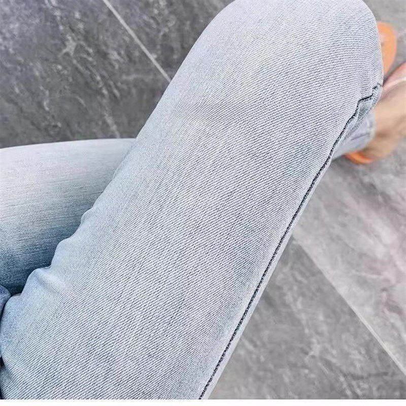 漂亮的浅蓝色!气质百搭高腰双排扣九分牛仔裤女韩国东大门小脚裤