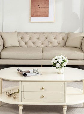 法式奶油风实木茶几白色椭圆形咖啡桌美式客厅小户型白色储物茶台