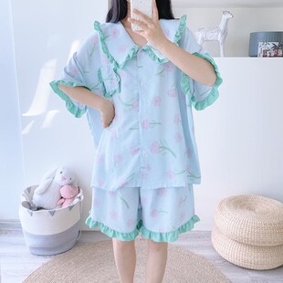 短裤 短袖 两件套胖mm200斤宽松家居 云朵棉睡衣女夏季 公主风加大码