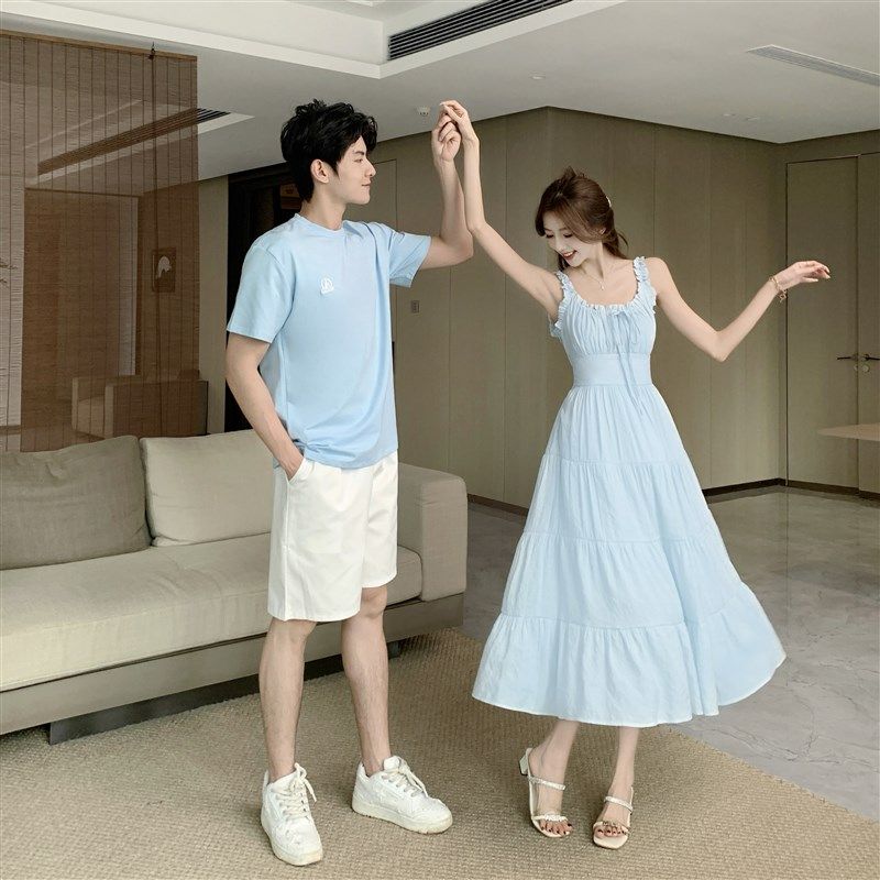 沙滩情侣装2024夏天温柔海边男T恤女无袖吊带中长连衣裙,女装/女士精品,连衣裙,淘宝优惠券,粉丝福利购,淘宝优惠卷