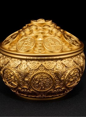 纯黄铜聚宝盆带盖百福缸摆件客厅米缸家用铜工艺品办公室开业礼品