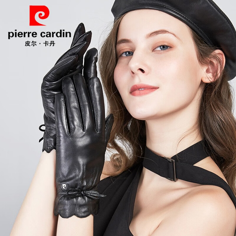 皮尔卡丹正品女士真皮手套冬季加绒加厚防寒保暖开车户外羊皮手套